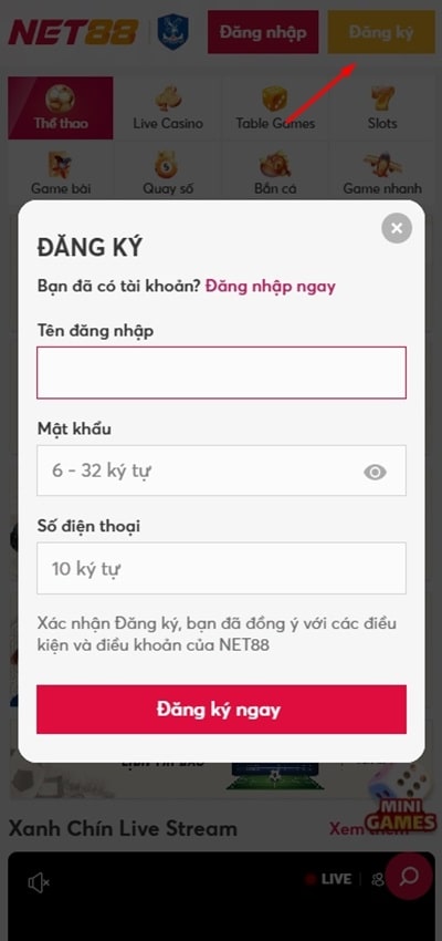 Hướng dẫn đăng ký Net88 chi tiết cách đăng ký trên điện thoại