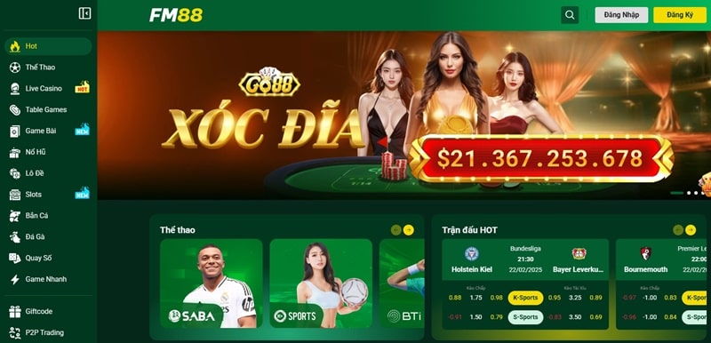 Giao diện trang chủ của nhà cái uy tín FM88